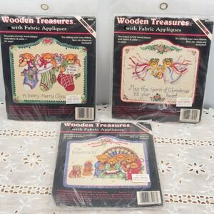 Dimensions Wooden Treasures Lucy Rigg Christmas Bear Applique Kits 1994 Set of 3